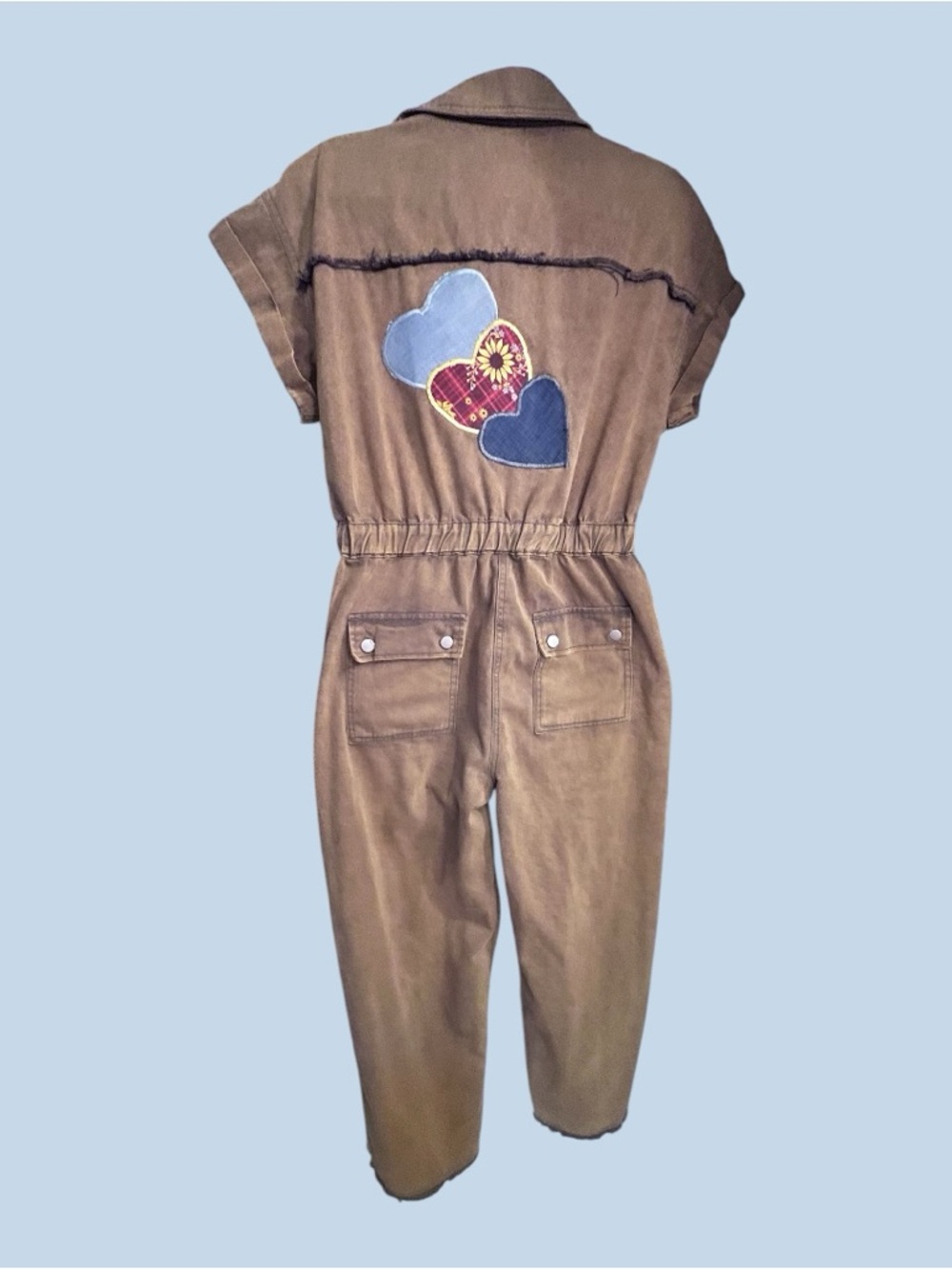 POL Brown Denim Utility Jumpsuit with Heart Patch Detail
